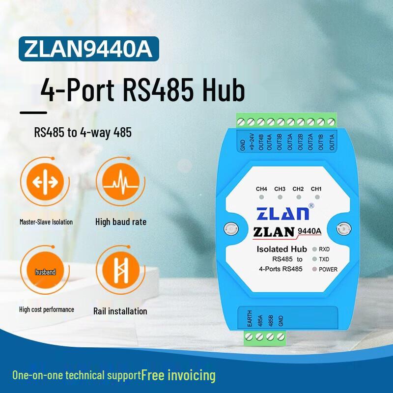 ZLAN9440A Industrial 4-Port RS485 Hub/Isolator