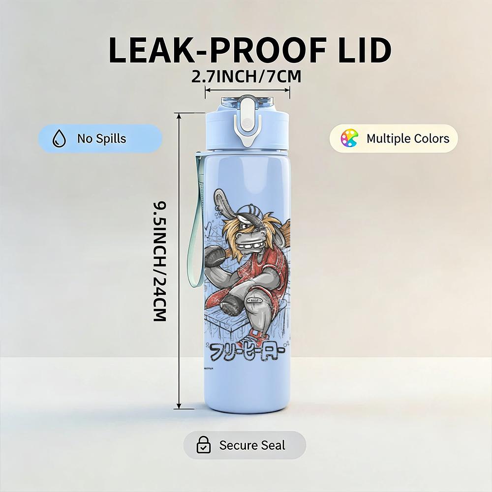 1PC Colorful warrior character graphic print 750ml colorful plastic sports water bottle leakproof pop lid with straw for outdoor office home use