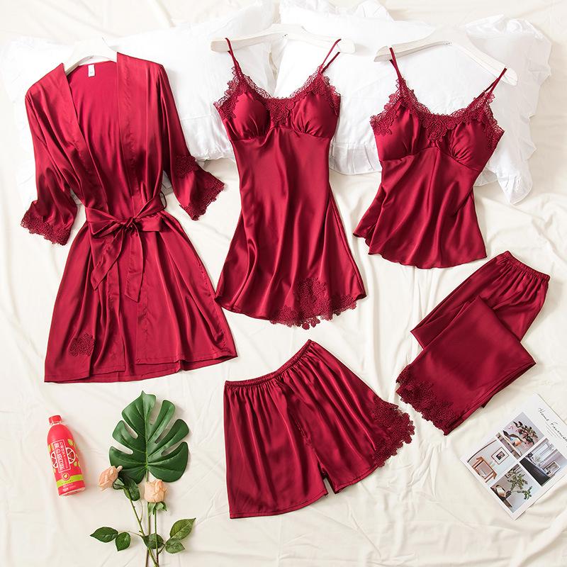Women's Silk Five-Piece Pajama Set: Spring/Autumn Nightdress & Robe with Chest Pad