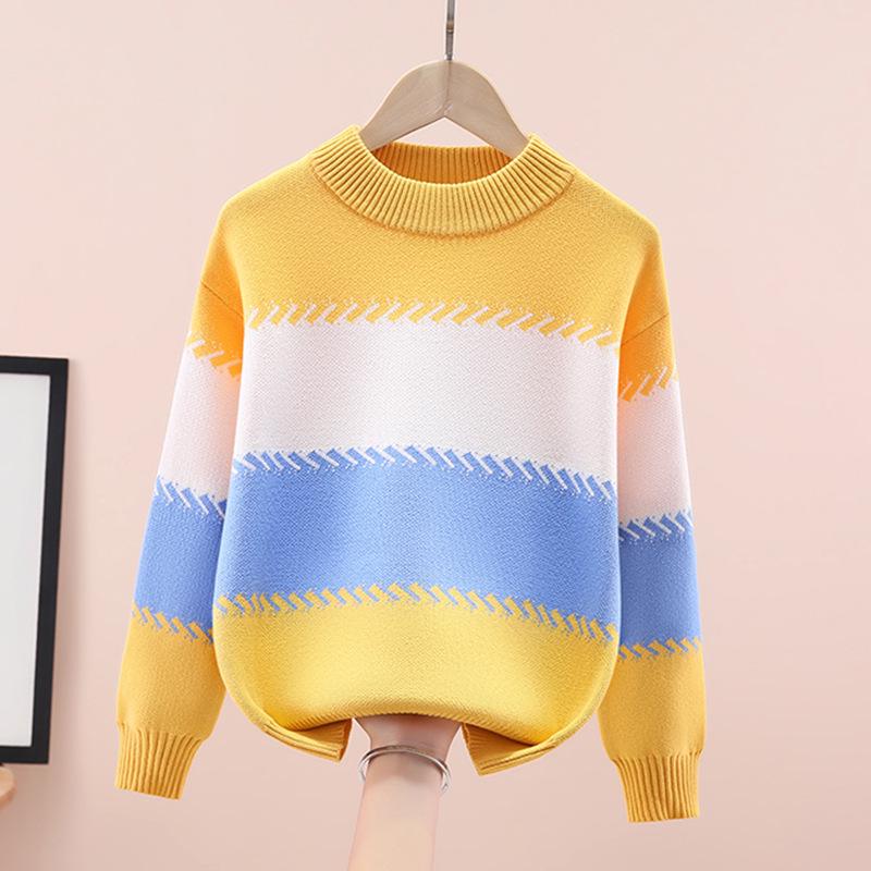 Boy's Round Neck Knit Sweater - Pure Cotton, Fleece-Lined for Autumn/Winter