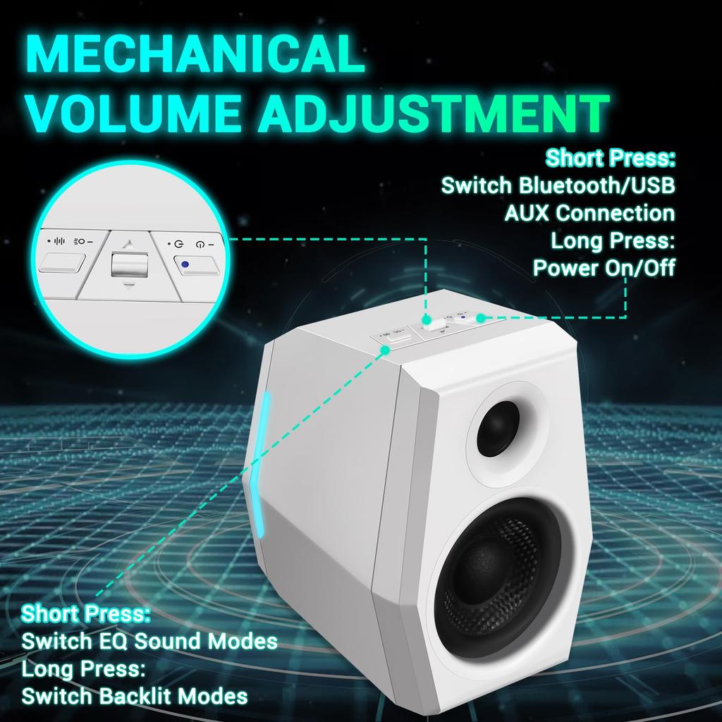 Sanyun SW209 36W Computer Gaming Speakers with 3 EQ Modes Dynamic 3D Surround RGB Compatible with White (Game/Movie/Music), Sound, 24-bit DAC,