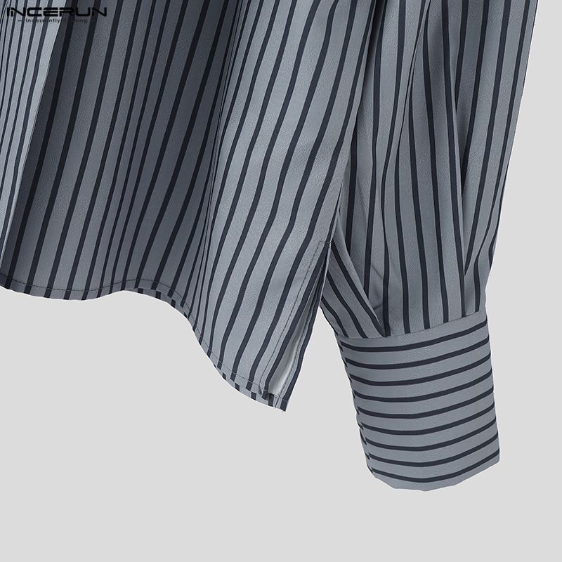 INCERUN Elegant Men Flower Tie Up Neck Long Sleeve Striped Casual Shirts Tops