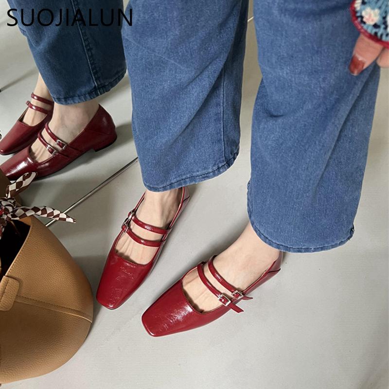 Fashion SUOJIALUN 2024 Spring New Women Flat Shoes Fashion Red Ladies Elegant Mary Jane Shoes Flat Heel Casual Dress Outdoor Ballerinas