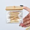 Cotton Swab Dispenser with Bamboo Lid Double Head Cotton Swabs Container Transparent Square Cotton Buds Toothpick Organizer