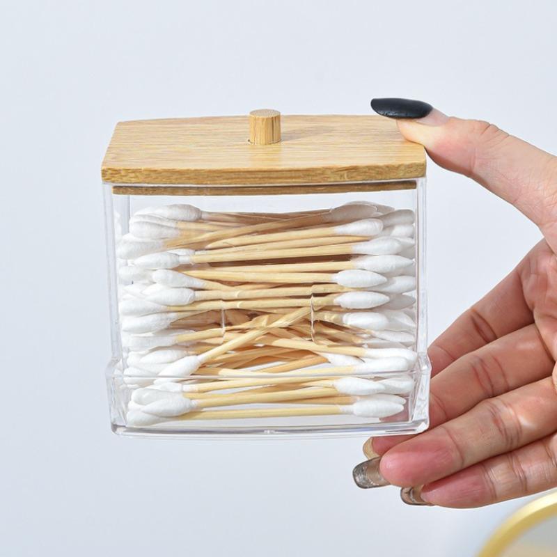 Cotton Swab Dispenser with Bamboo Lid Double Head Cotton Swabs Container Transparent Square Cotton Buds Toothpick Organizer