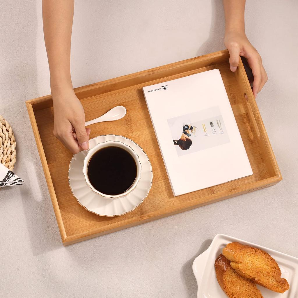 HTB Bambusbrett, Firkantet, med Håndtak, Vaskbart, Lunsjbrett, Stilig, Japansk Stil, Te, Kafé, Naturlig, Kommersiell Bruk, 40 x 26 cm, HTB-BT1