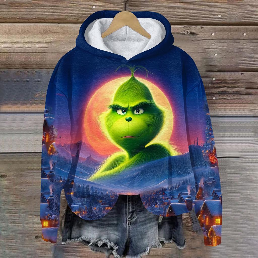 Ladies' Christmas Greentown Print Casual Long Sleeved Hooded Sweatshirt Top