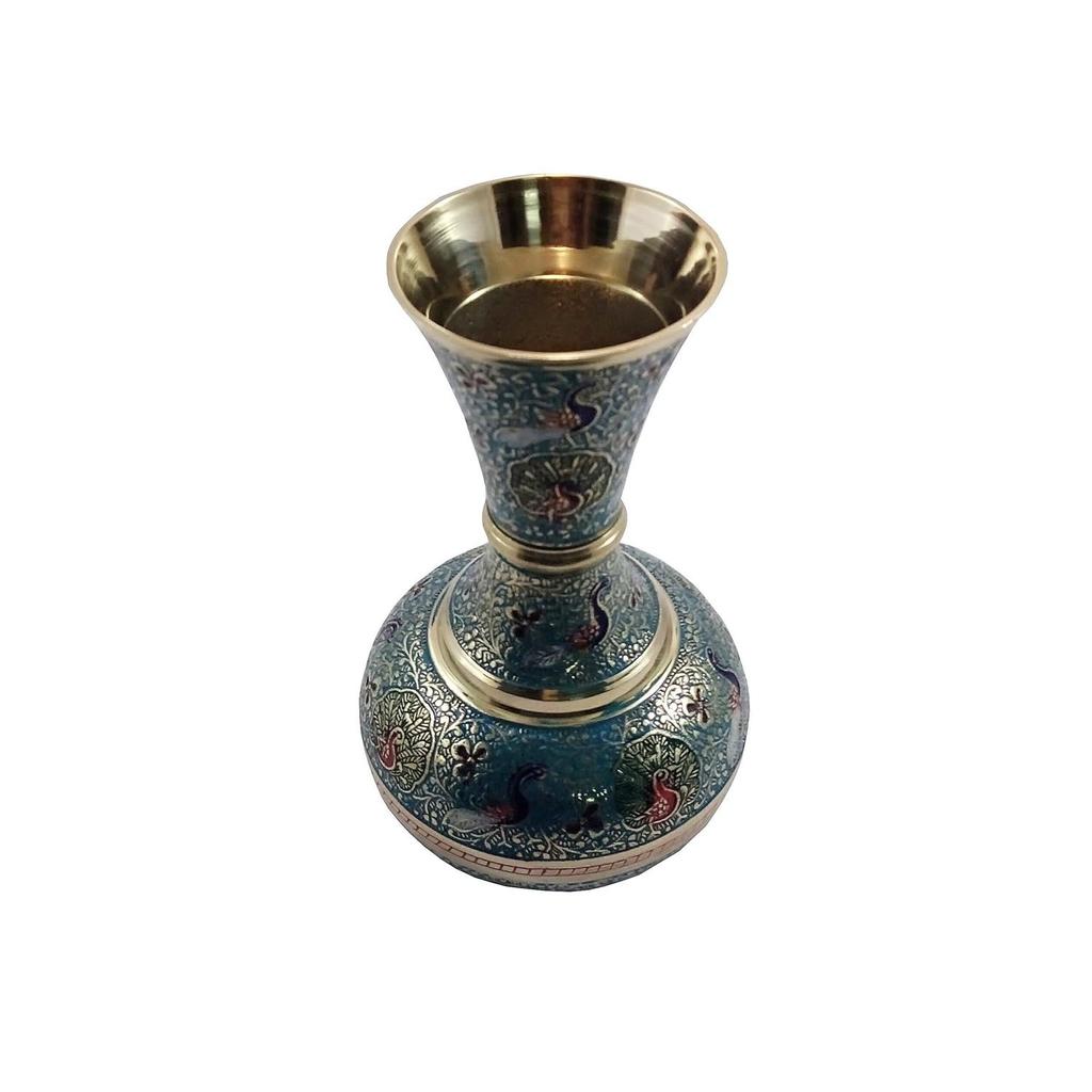 Antique Hand Crafted Brass Sky Blue Flower Vase Lutia Pattern 15 Cm
