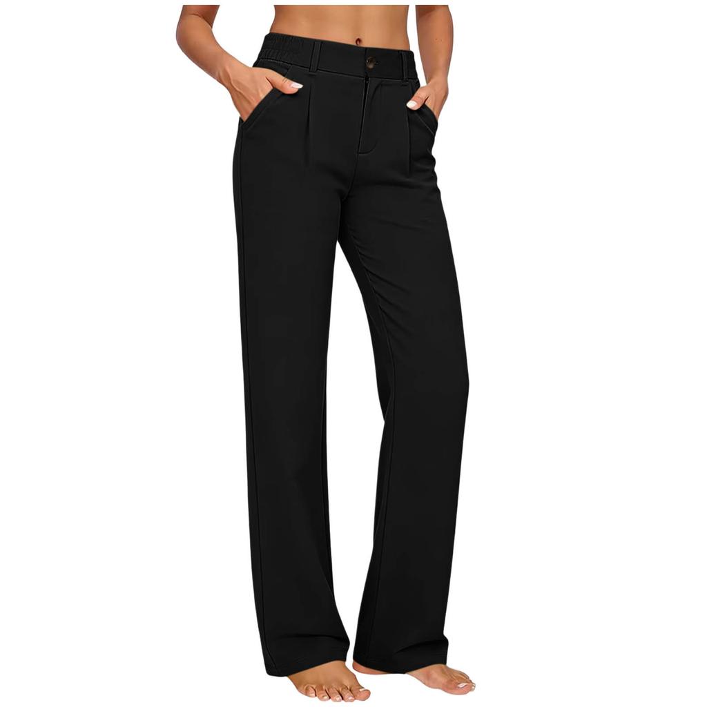 Women’s High Elastic Straight Leg Casual Pants with Waistband and Side Pockets Suitable for Everyday Wear and Office