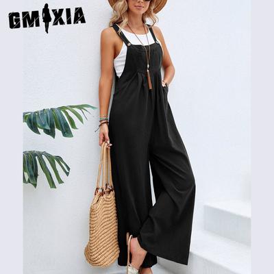 Mid-waist Retro Style Women's Pants Solid Color Women's Casual Pants Suspenders