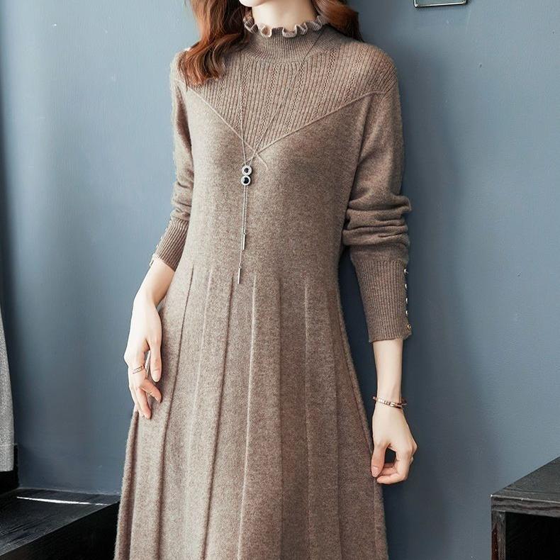 Vestido de Punto Midi Vestido Suéter de Color Sólido para Mujer Vestido Suéter de Punto hasta la Rodilla para Otoño e Invierno para Mujer Jersey