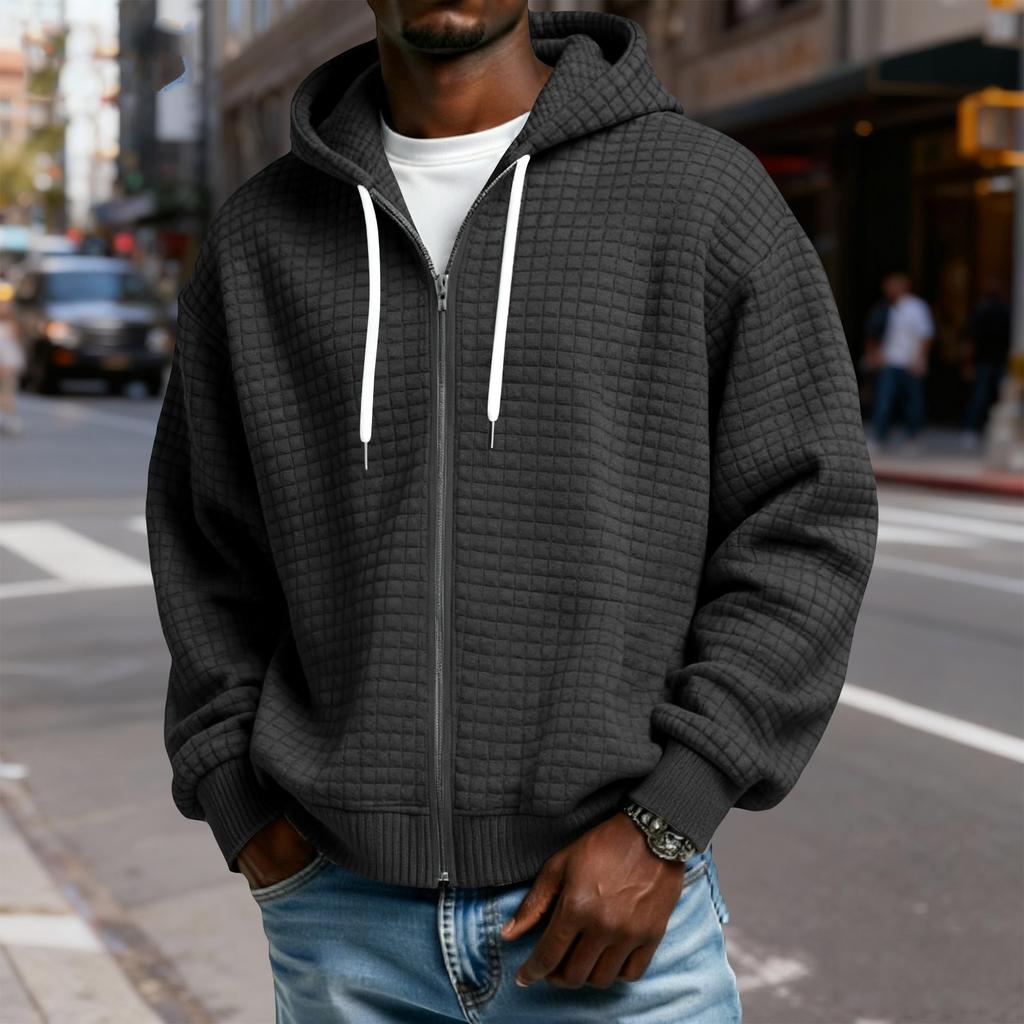 Men's Zip-Up Hooded Plaid Jacket- Drawstring Casual Sports Sweatshirt