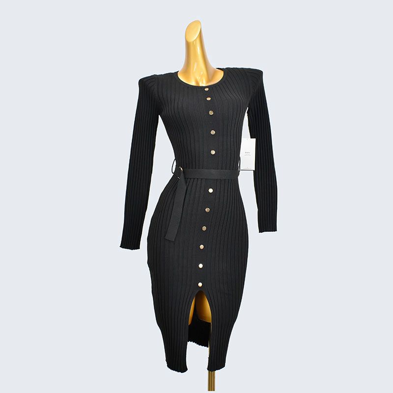 Export Fashion Style Round Neck Metal Clinch Pullover Knitting Sweater Long Sleeve Silm Hip Bag Dress Female Pure Color