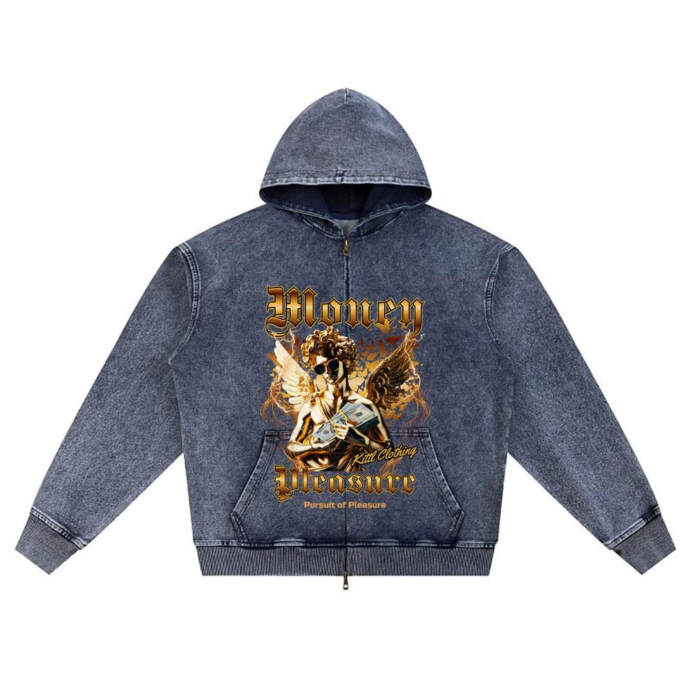 

DTG print Knitted Denim Zip-Up Hoodie Money Pleasure Brother Print Zipper Hoodies XL темно-синий