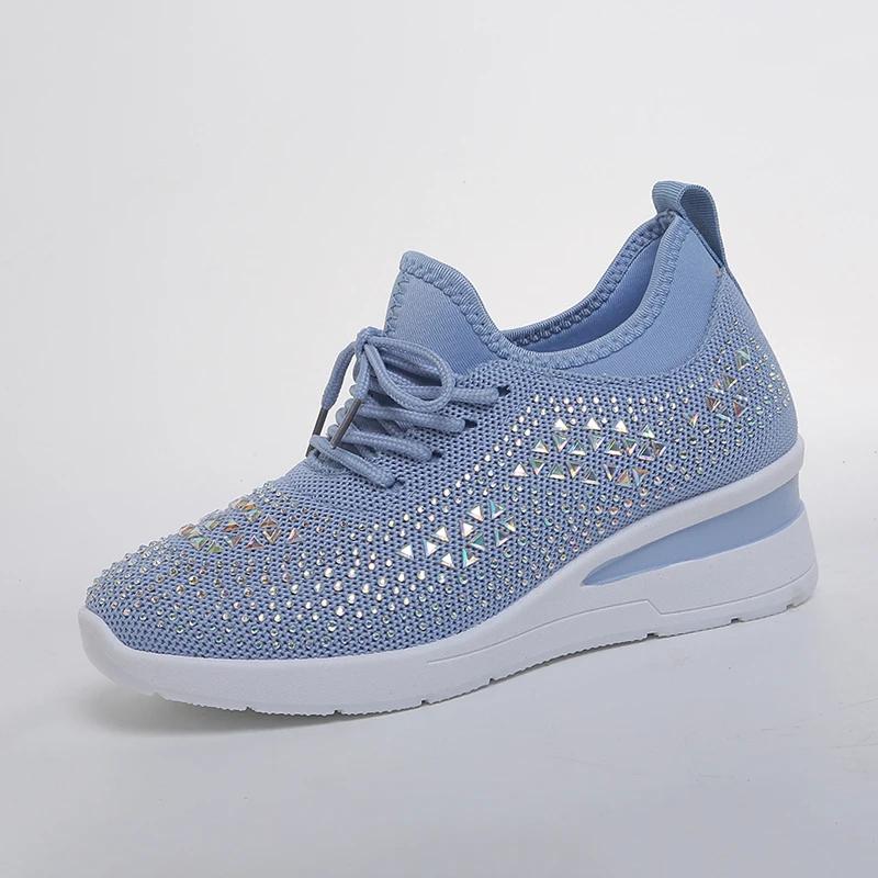 Ladies Four-Season Mesh Platform Shoes Bling Triangle Rhinestone Soft Rubber Sole Casual Daily Sneakers