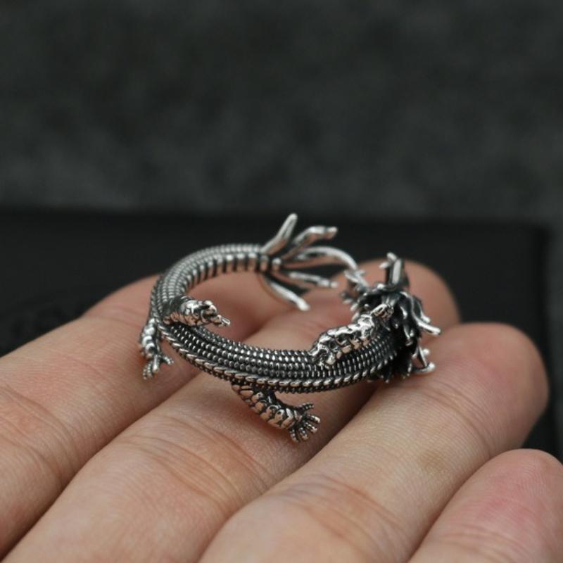 1Pc Retro Thai Silver Ring Male Qinglong Faucet Ring Domineering Personality Chinese Style Jewelry Wenwan Chinese Dragon