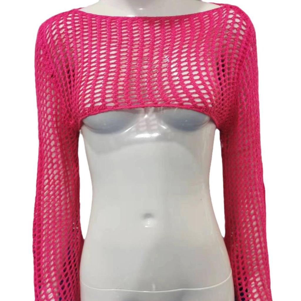 2025 Autumn Women's Ultra-Short Hand-Hooked Mesh Sweater with Trumpet Sleeves