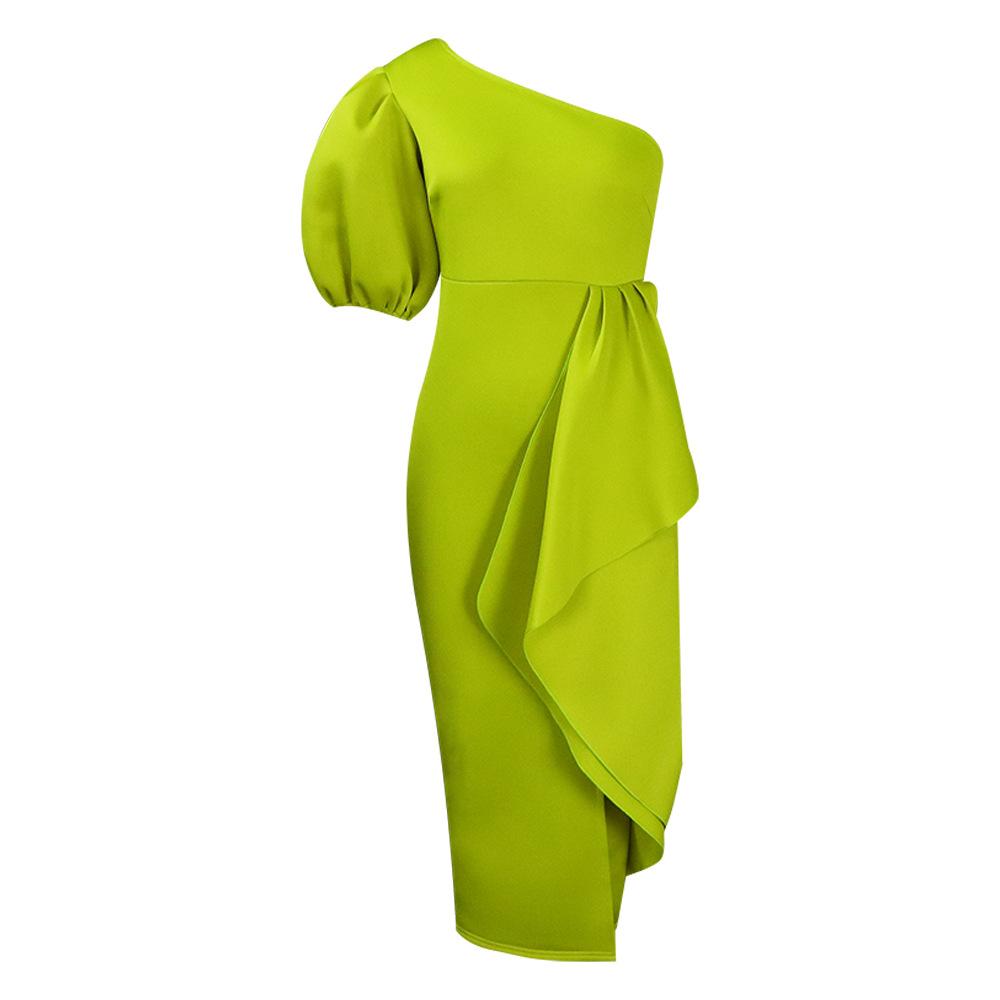 Abito da cocktail midi elegante da donna, monospalla, con maniche a sbuffo, vita alta e spacco