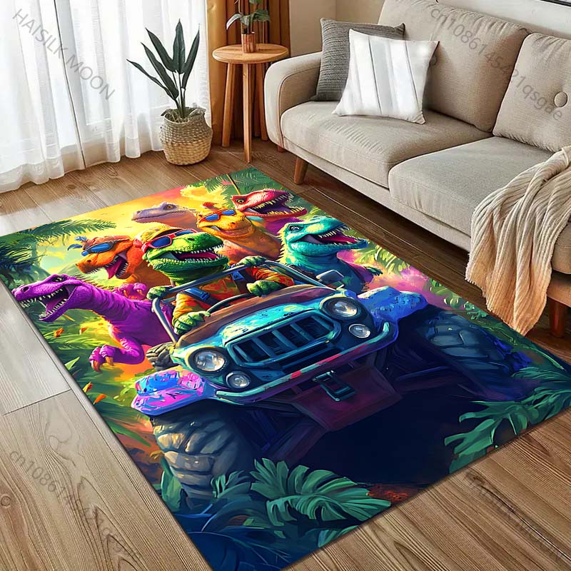 A Group of Dinosaur Cars Print Cartoon Carpet for Bedroom Living Room Bedside Sofa Floor Mat Modern Home Decor Area Rug