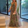 Women's Mesh Spaghetti Strap Maxi Dress Deep V Neck Backless Evening Dress Floral