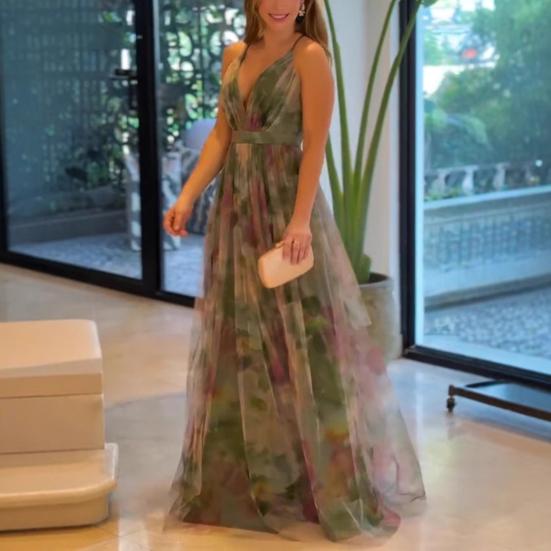 Damen Mesh Spaghetti Träger Maxikleid Tiefer V-Ausschnitt Rückenfrei Abendkleid