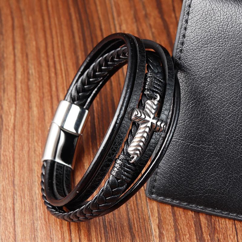 European and American Leather Bracelets, Leather Woven Bracelets, Cross Leather Multi-layer Men's Jewelry