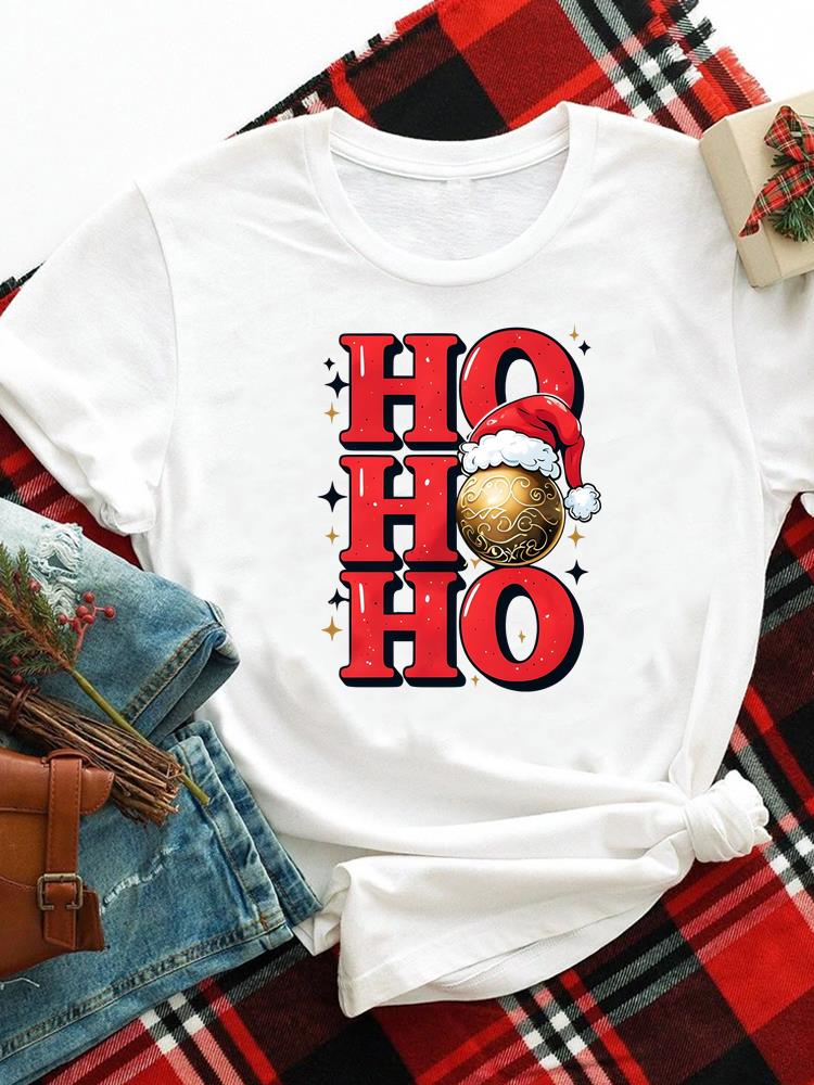 (Asian Size) merry Christmas new year o-neck Women's Top T Clothing Print lovely trend cute Short Sleeve T-shirts Fashion holiday Graphic Tee
