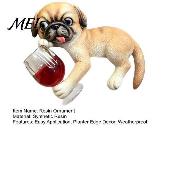 Resin Animal Ornament Lying Pug Statue for Planter, Dog Figurine with Red Wine Funny Pet Glass, Cute Flower Pot Edge Decoration Creative Planter Decor