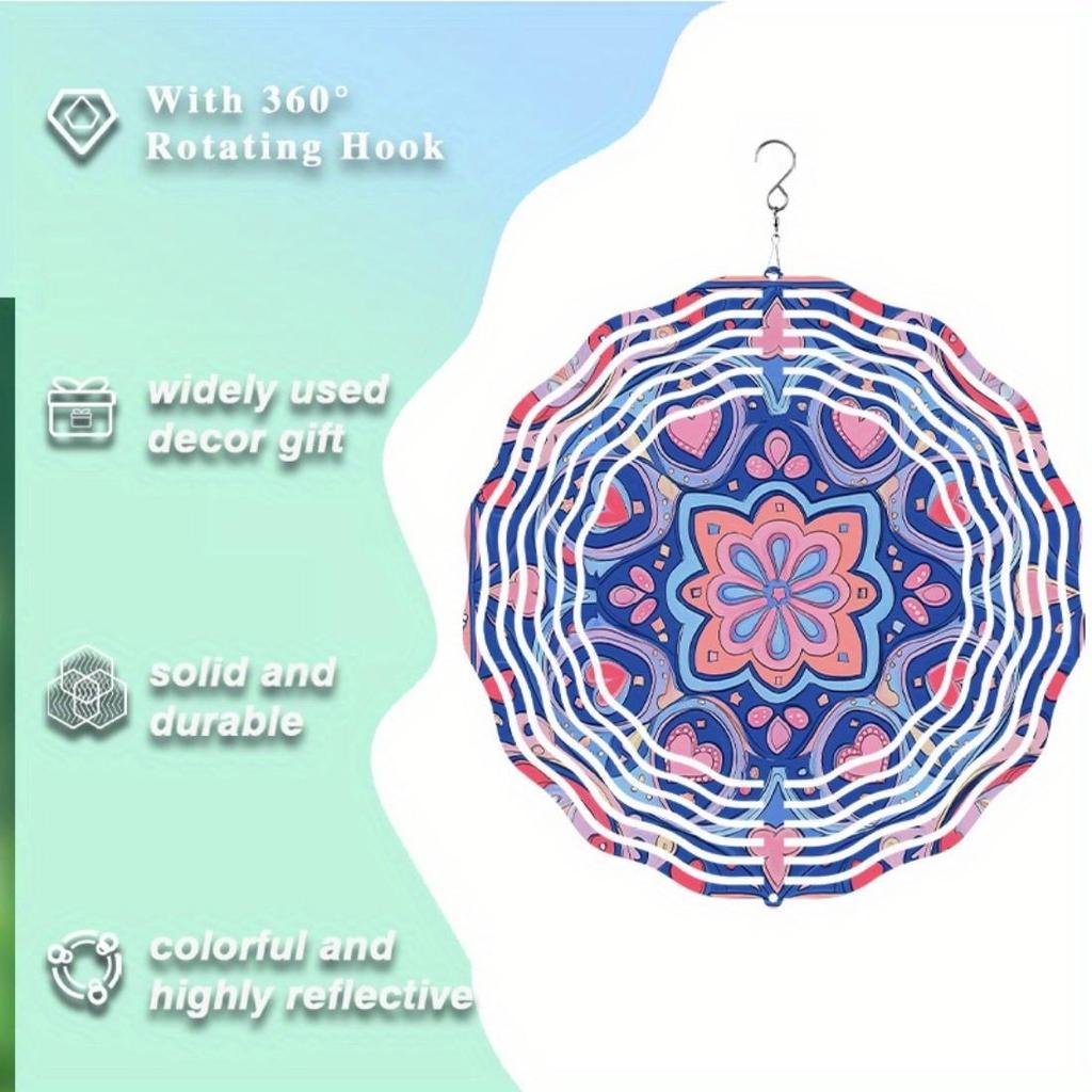 Blue & Pink Heart Mandala Wind Chime - Vibrant Metal Garden Decoration with 360° Hook, Ideal for Spring & Summer, Perfect Gift for Friends and Family
