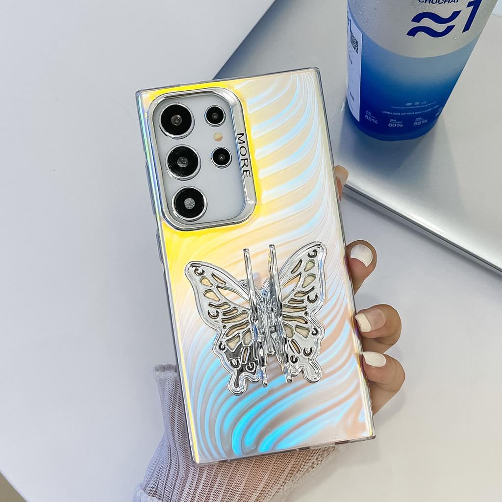 Samsung S25ultra Mobile Phone Case Electroplated Laser S24 All Inclusive Butterfly Stand A56 Protective Case for Women
