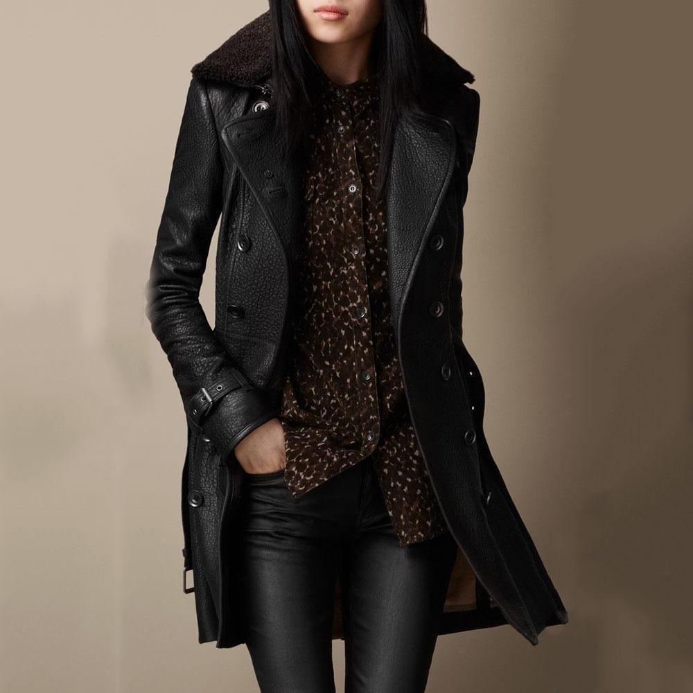 Women's Turn Down Collar Long Sleeve Slim Fit Mid-Length Faux Leather Jacket Street Style Moto Coat