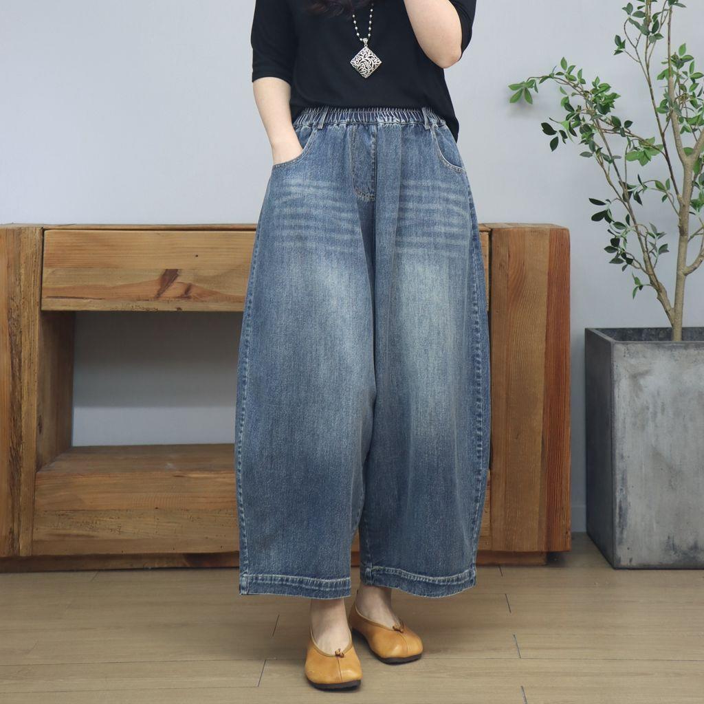Women's 2025 Spring Vintage Denim Wide-Leg Carrot Cropped Pants, Plus Size, Loose Fit, Slimming Design