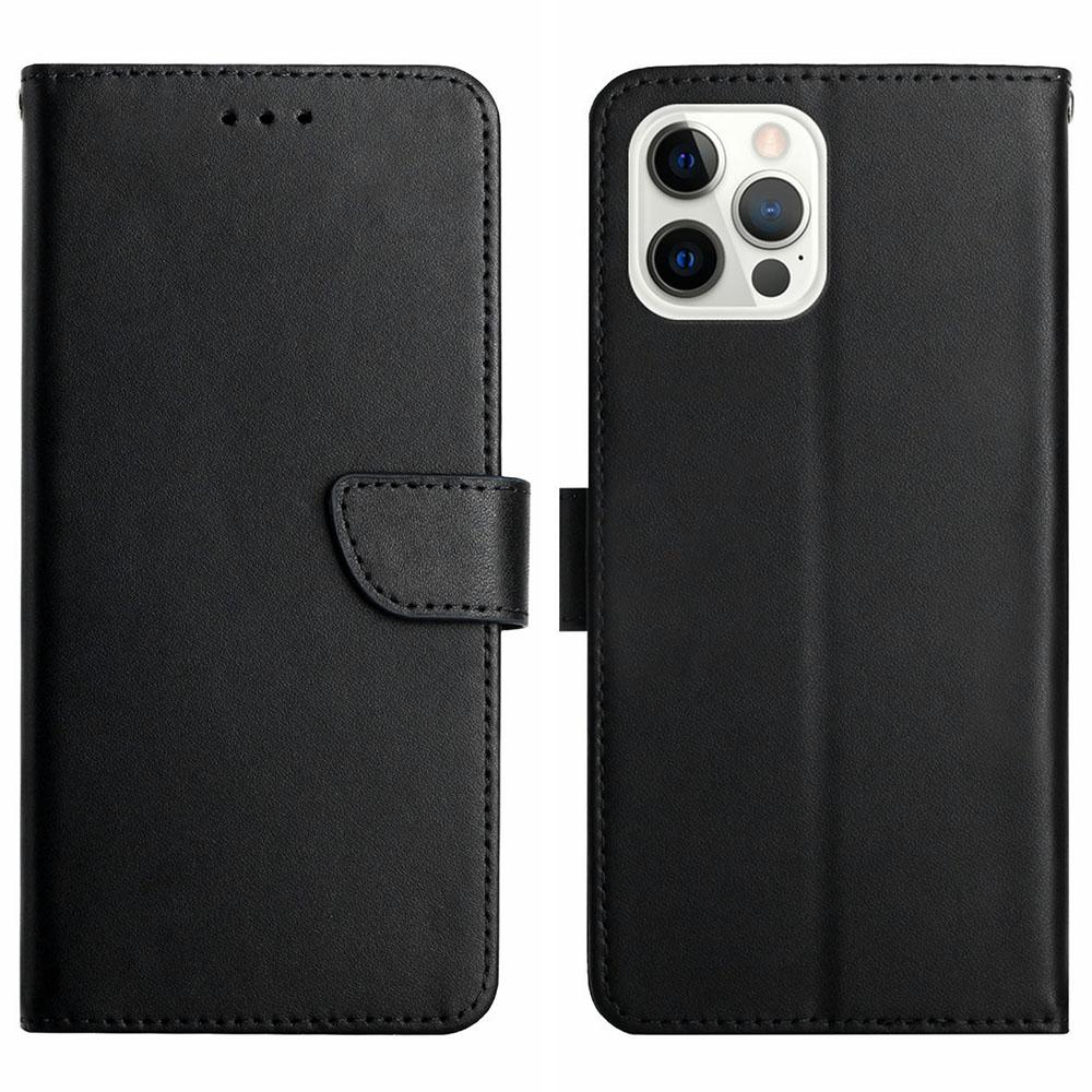 

HT02 Wallet Stand Case for iPhone 15 Pro Max Genuine Cow Leather Nappa Texture Anti-drop Phone Cover Black