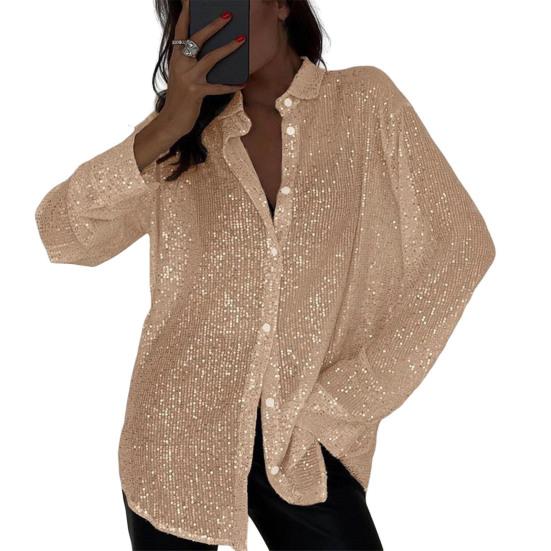 Dames Blouse Revers Lange Mouw Glanzende Pailletten Blouse Tops Losse Pasvorm Verborgen Knoop Cardigan Blouse Nachtclub Partykleding