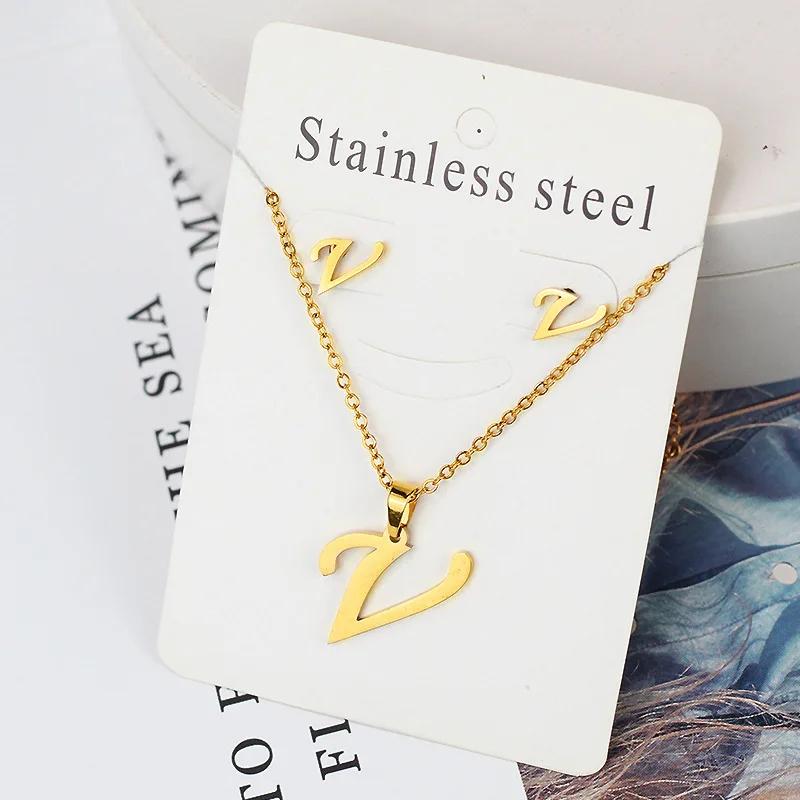 Stainless Steel Letter Necklace Bracelet Earring Zircon Set for Women Alphabet Pendant Necklace Party Gift