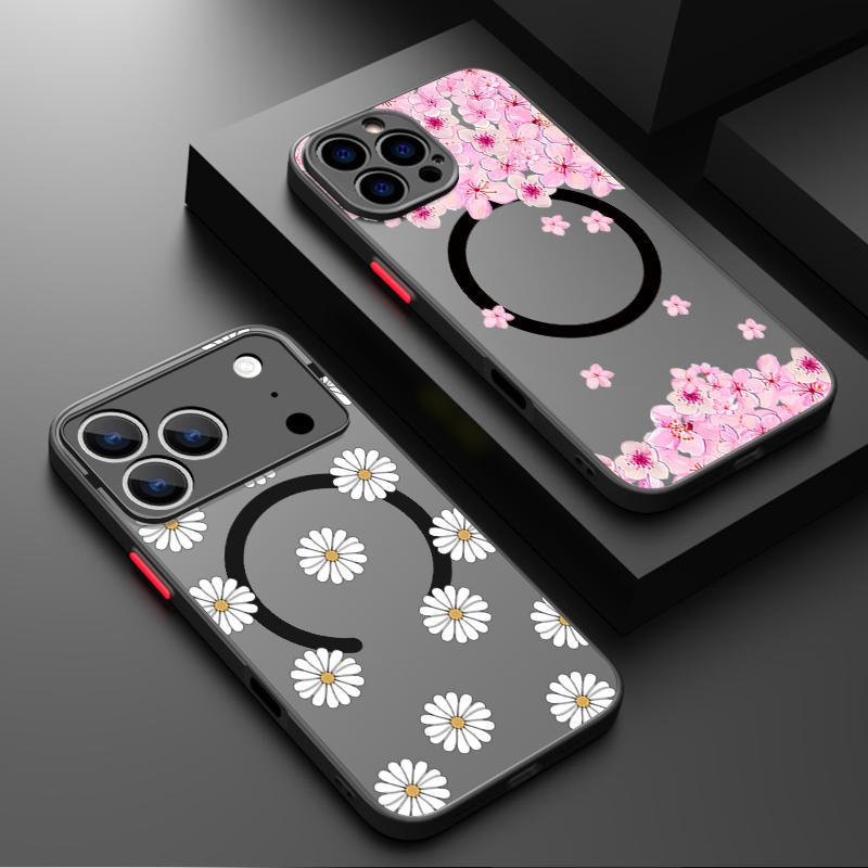 Flowers Leaves Pattern Magnetic Phone Case For iPhone 17 15 16 Pro Max 14 13 Pro 17 For Magsafe Wireless Charge Soft Edge Cover