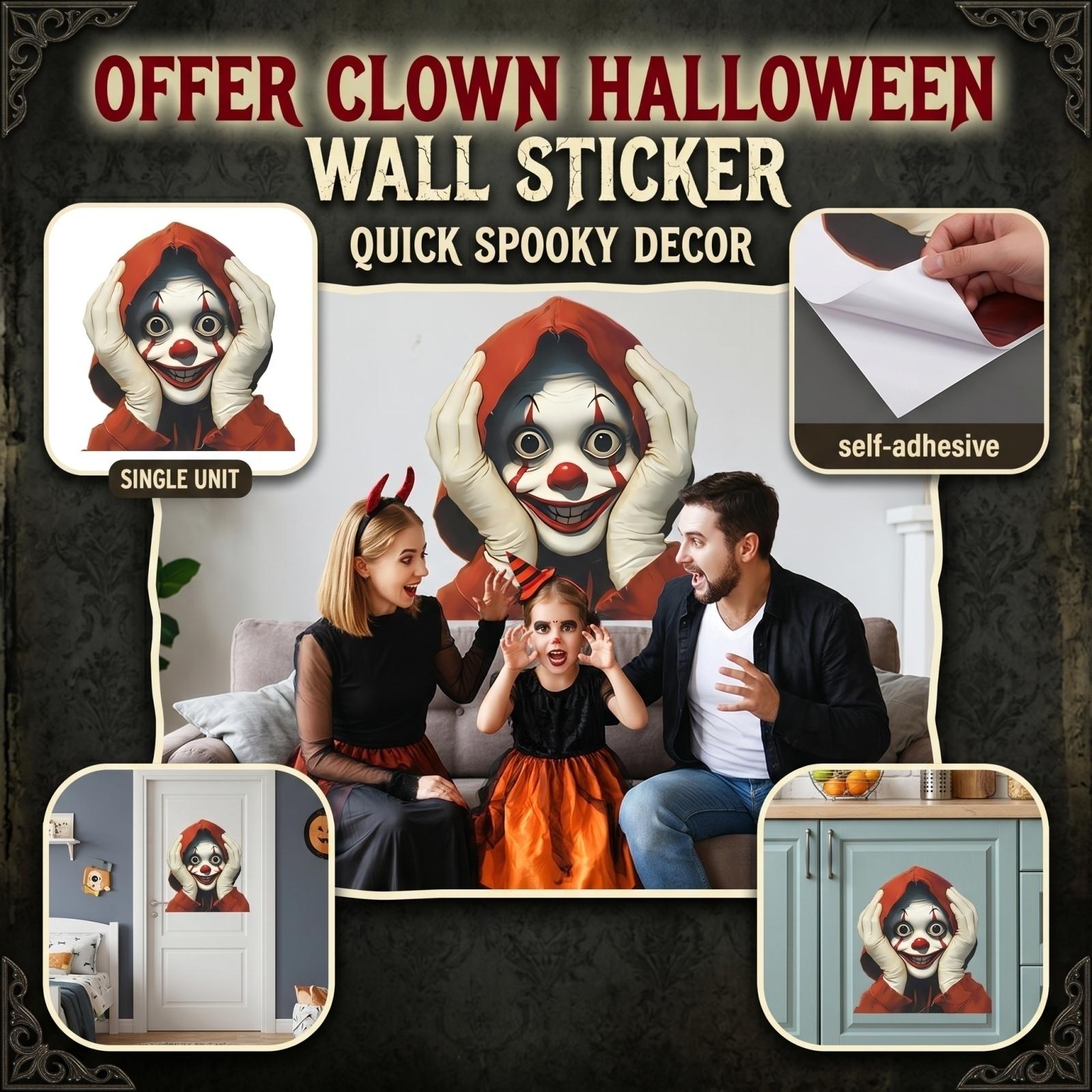 Halloween Clown Wall Decal Self Adhesive Wall Sticker Horror Scary Clown Cartoon Sticker for Living Room Bedroom Party Decoration Quick Setup One Size