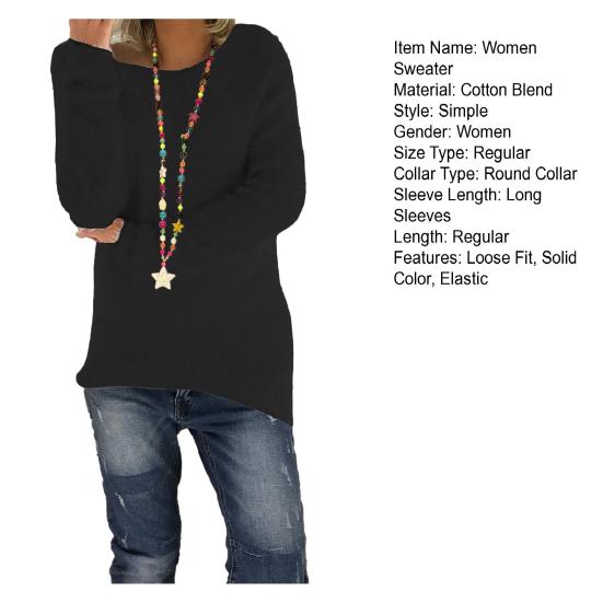 Damen Pullover Tops Rundhals Langarm Locker Stricktops Einfarbig