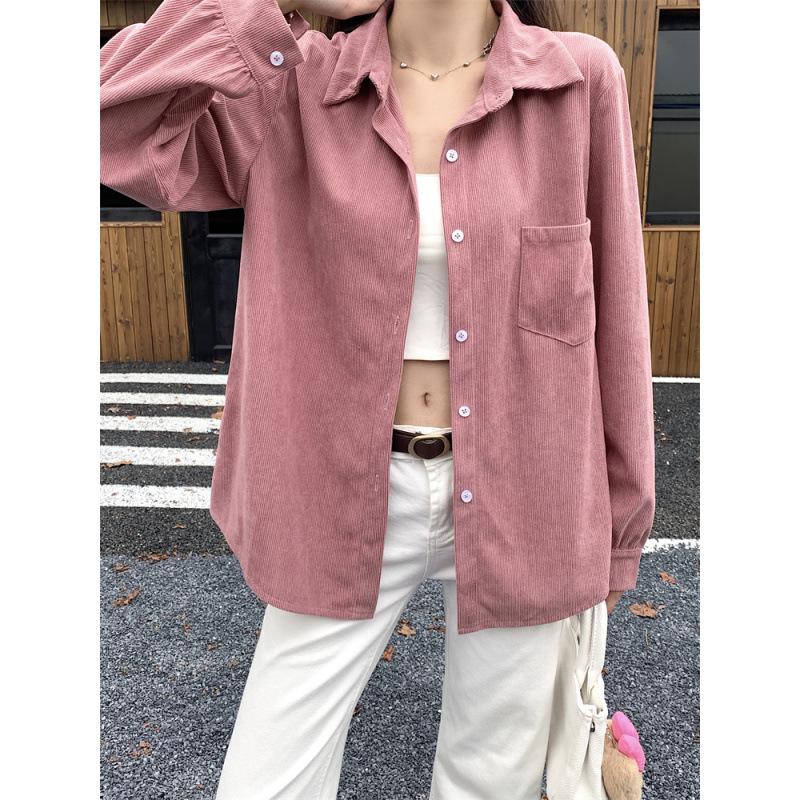 

Plus Size Women s Retro Corduroy Shirt - Casual Long Sleeve BF Style for Spring & Autumn 2XL розовый