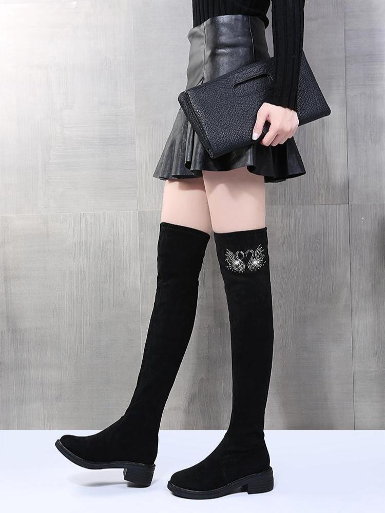 Women's Over Knee Stretch Boots 2025 Autumn Winter New Design Crystal Embellished Thick Heel Slimming Faux Fur Lining Warm Boots