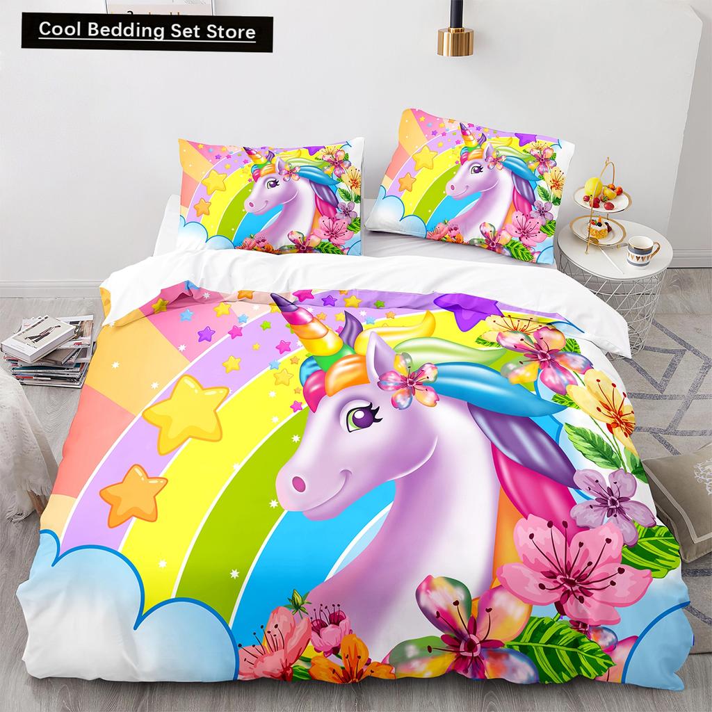 Einhorn-Bettwäsche-Set (King- und Queensize) mit Märchenmotiven und magischen Tieren für Kinder (Jungen und Mädchen) – Sternenuniversum – Polyester-Bettbezug