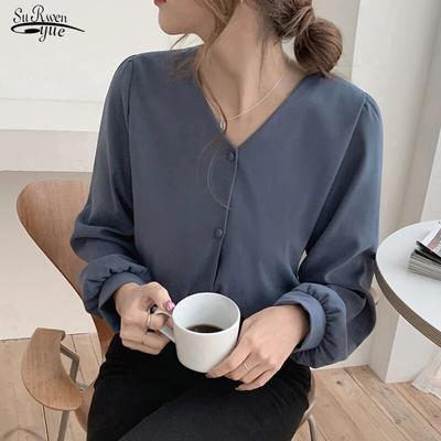 Moda Basit Şifon Bayan Gömlek Casual Vintage Uzun Kollu Düğmeler Kadın Bluz Ve V Yaka Kadın Giyim 22965 Tops
