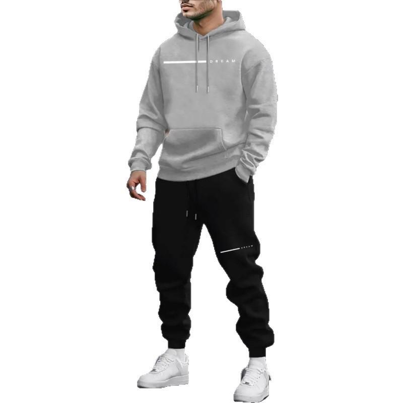 Mens Oversized Hooded Sweatshirt Set With Letter Print Fleece-Lined Warm Casual Tracksuit Winter