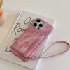 For iPhone 15 Pro Max Case Card Slots Mirror Design Jeans Cloth Texture PU Leather Back Cover with Strap