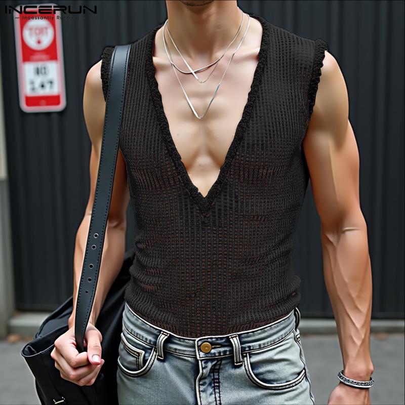 INCERUN Herren Tief V-Ausschnitt Ärmellos Durchsichtig Hohl Netz Tanktops