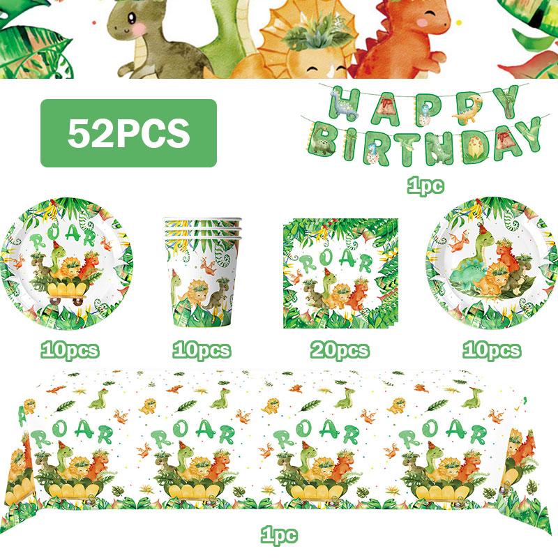 Dinosaur Birthday Decoration Party Supplies Set Cup Plate Tablecloth Dinosaur Balloons Happy Banner Cake Topper for Kids Favors