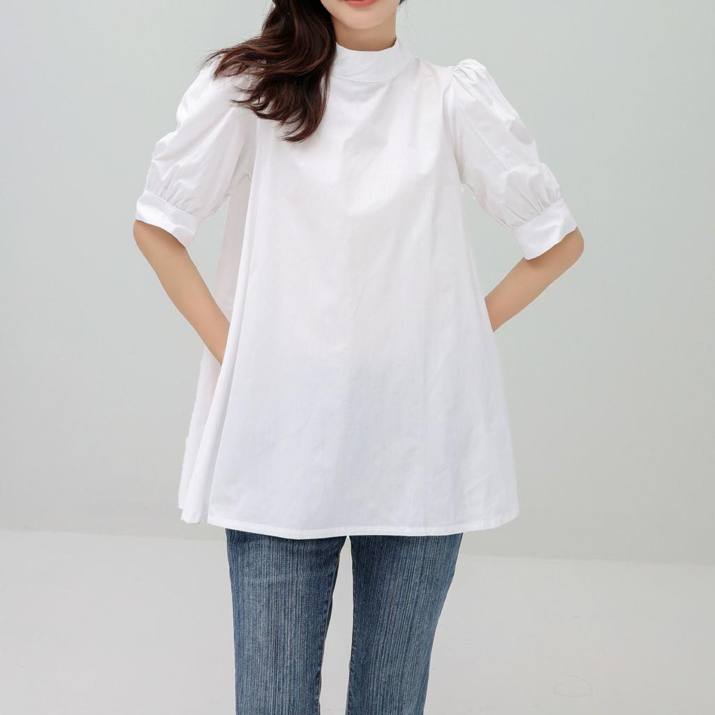 Lotte Japan Korea Spring Summer Solid Color Blouse Solid Lace Up Mid Sleeve Half High Neck Shirt for Women