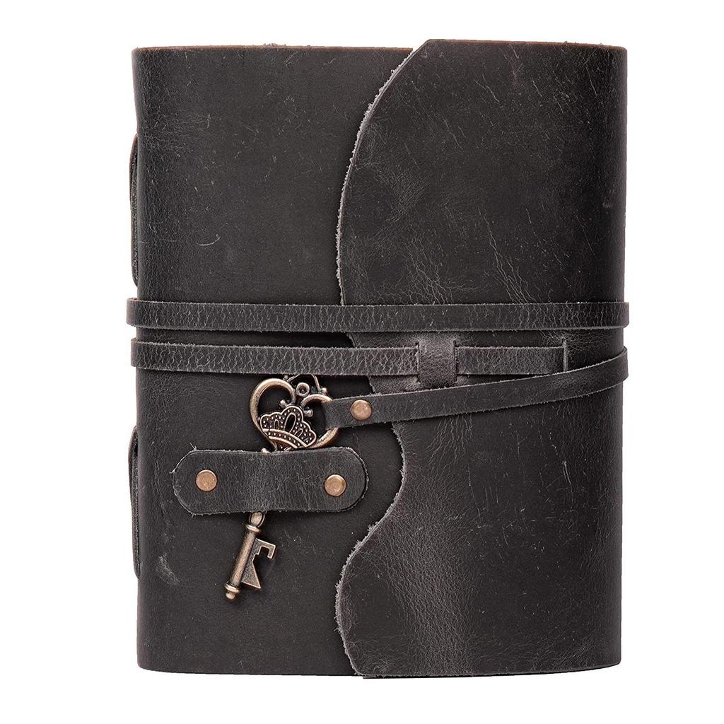 Handmade Vintage Leather Diary - Vintage Handmade Pages - Antique Key Closure - Black Color. Size 6x4 Inches