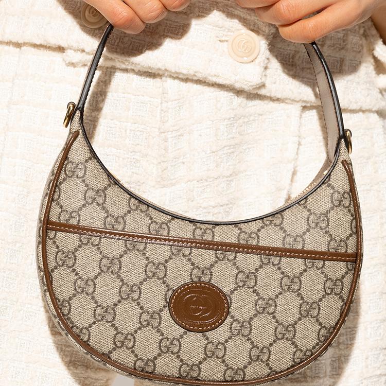 Gucci Mini Borsa a Forma di Mezza Luna con G Intrecciate Beige/Ebano Supreme Borse a Spalla Donna Marrone 726843-92TCG-8563
