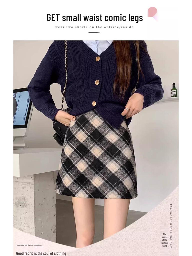 Women's 2025 Retro High-Waist Wool Blend Plaid Mini Skirt - Petite Bodycon A-Line for Autumn/Winter